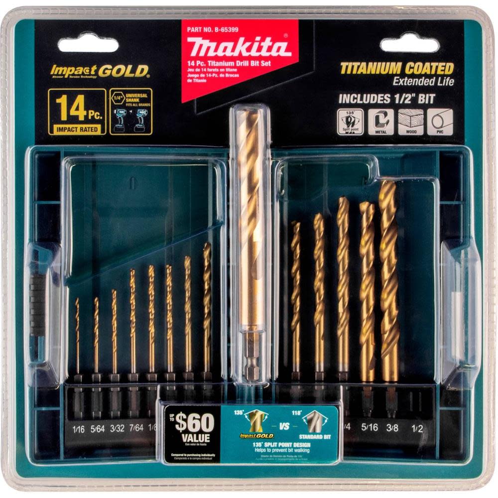 Makita Impact GOLD 14 Pc. Titanium Drill Bit Set 1/4″ Hex Shank - Ascmtools