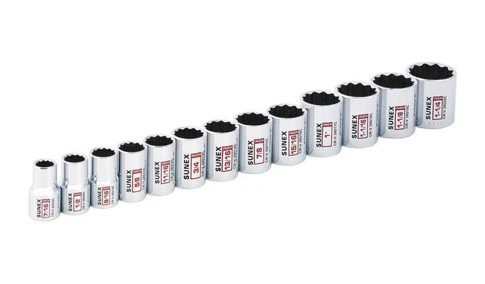 Sunex 1/2 In. Dr 12 Pt Standard SAE Socket Rail 13 Pc Set - Ascmtools