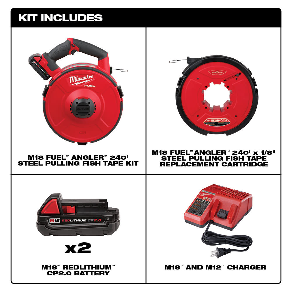 Milwaukee M18 FUEL Angler 240′ Steel Pulling Fish Tape Kit - Ascmtools