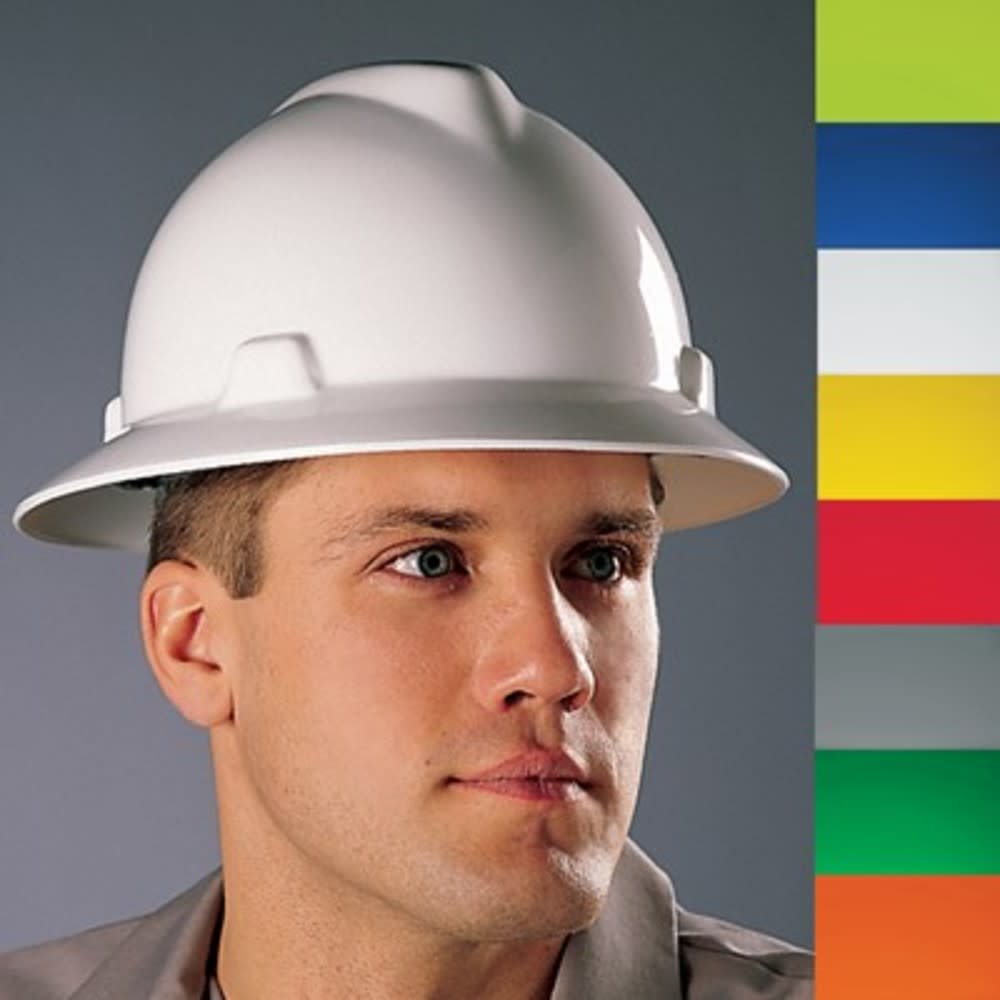 MSA Safety Works V Gard Slotted Full Brim Hat White with 1 Touch Suspension - Ascmtools