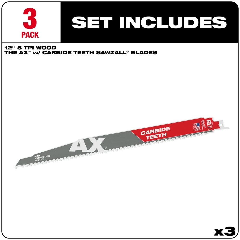 Milwaukee 12 in. 5 TPI The Ax Carbide Teeth SAWZALL Blades 3PK - Ascmtools