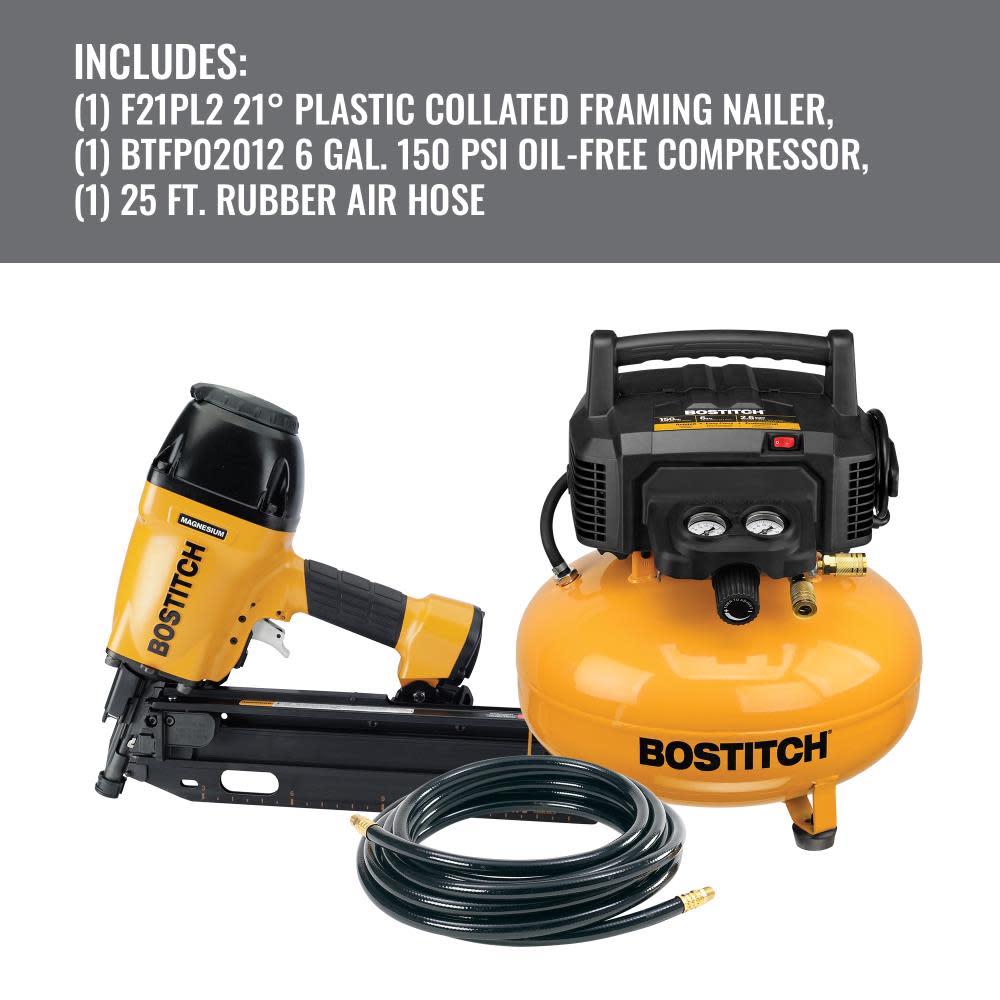 Bostitch 21 Pneumatic Framing Nailer Compressor & Hose Combo Kit - Ascmtools