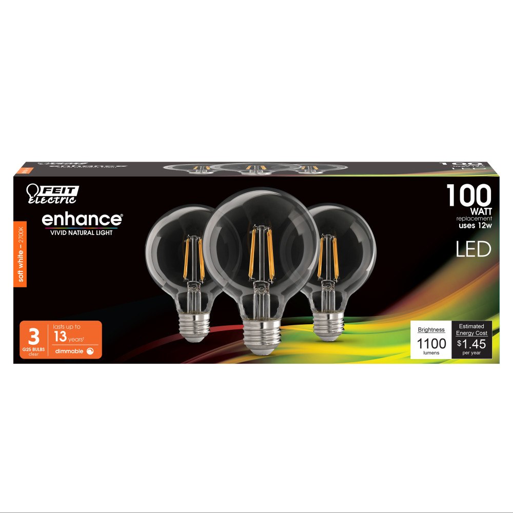 Feit Electric 100W G25 Soft White Filament LED Bulb 3pk - Ascmtools