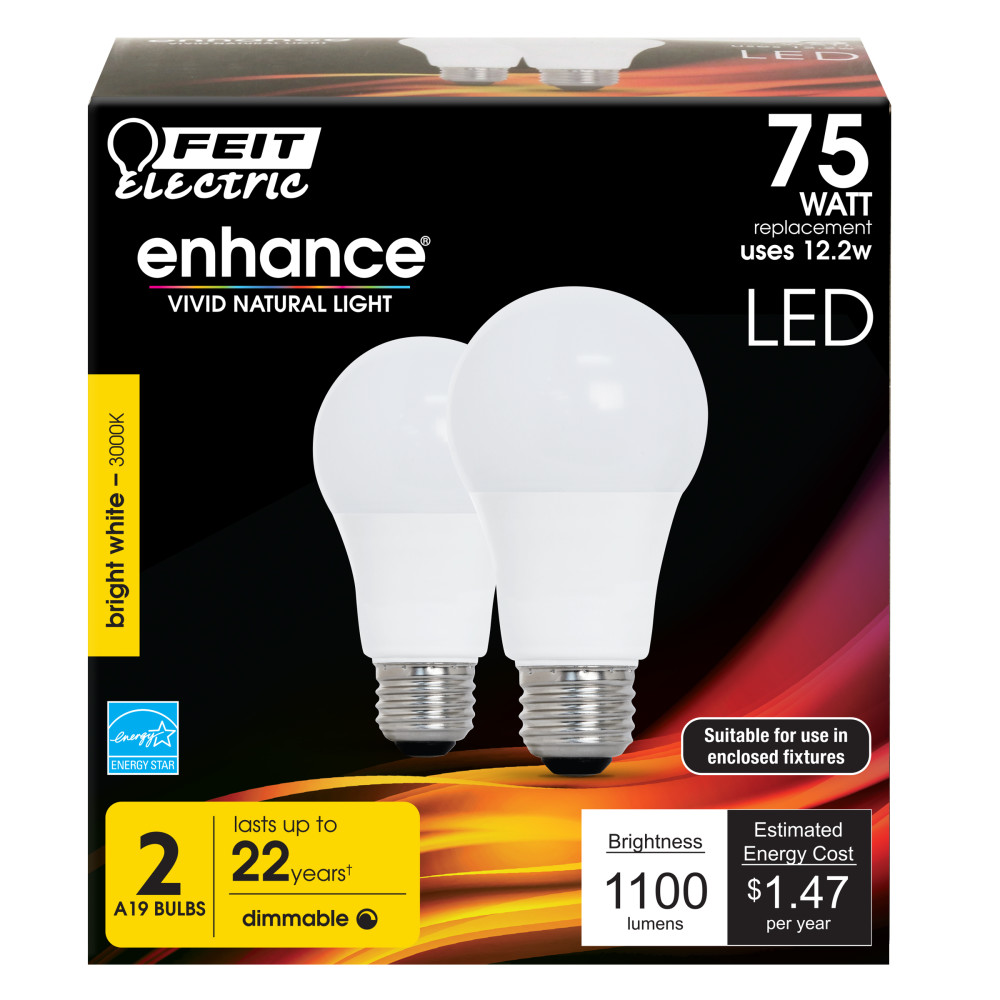 Feit Electric 75W Enhance A19 3000K Dimmable LED Bulb 2pk - Ascmtools