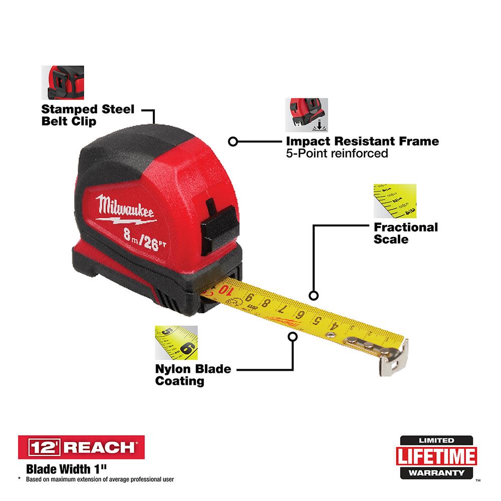 Milwaukee 8 m/26 ft. Compact Tape Measure - Ascmtools