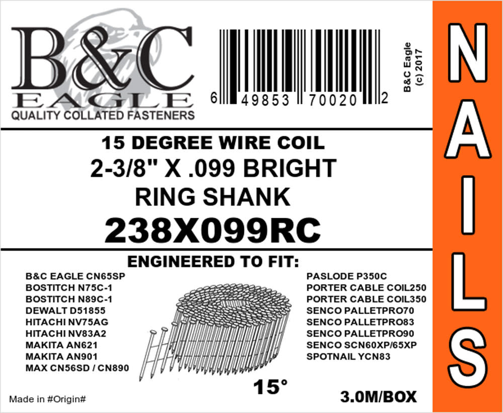 B and C Eagle 2-3/8 x .099 Wire Collated Ring Bright Coil Framing Nails 500pc - Ascmtools