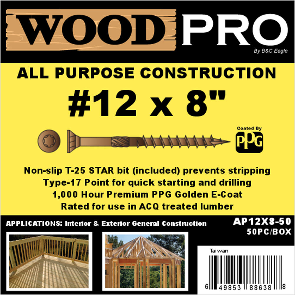 Woodpro (50) #12 x 8 In. All Purpose Wood Screws - Ascmtools