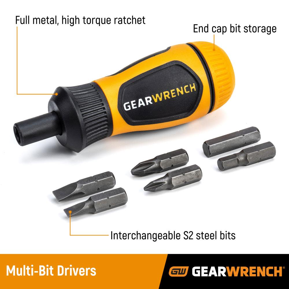 GEARWRENCH Multi Bit Driver Stubby Ratcheting 6 in 1 - Ascmtools