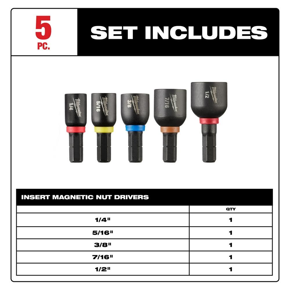 Milwaukee SHOCKWAVE Impact Duty Insert Magnetic Nut Driver Set 5PC - Ascmtools