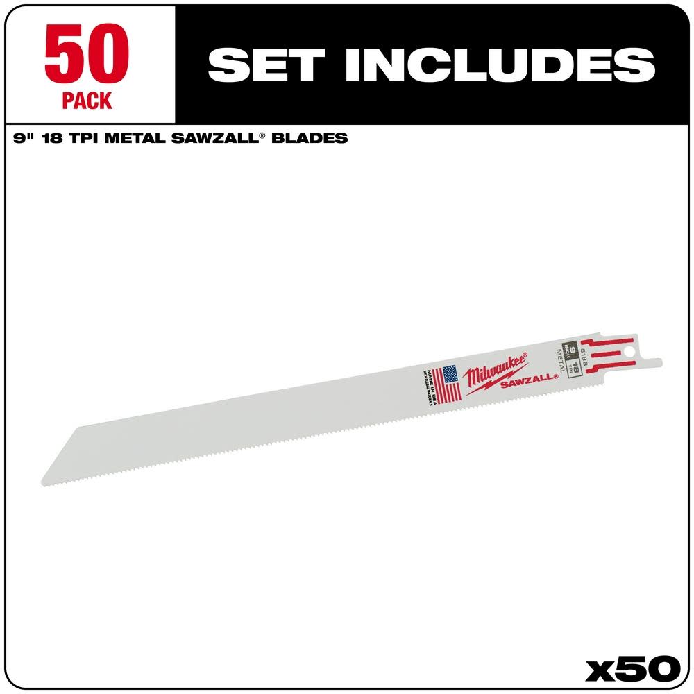Milwaukee 9 in. 18 TPI Thin Kerf SAWZALL Blades (50 Pack) - Ascmtools