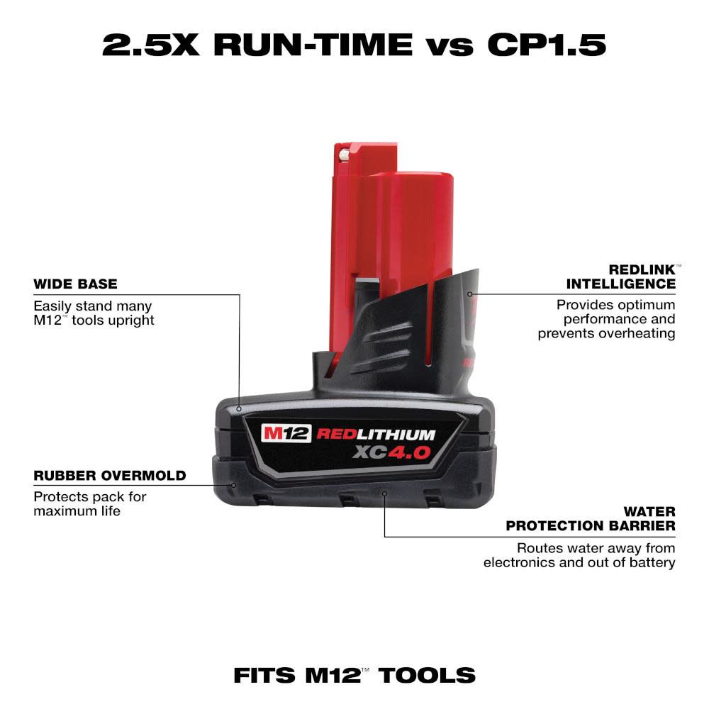 Milwaukee M12 REDLITHIUM XC 4.0Ah Extended Capacity Battery Pack - Ascmtools