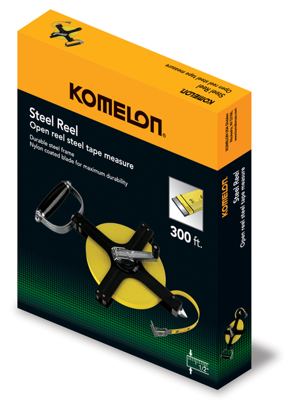 Komelon 300′ x 1/2″ Metal Frame Steel Reel Long Tape Measure - Ascmtools