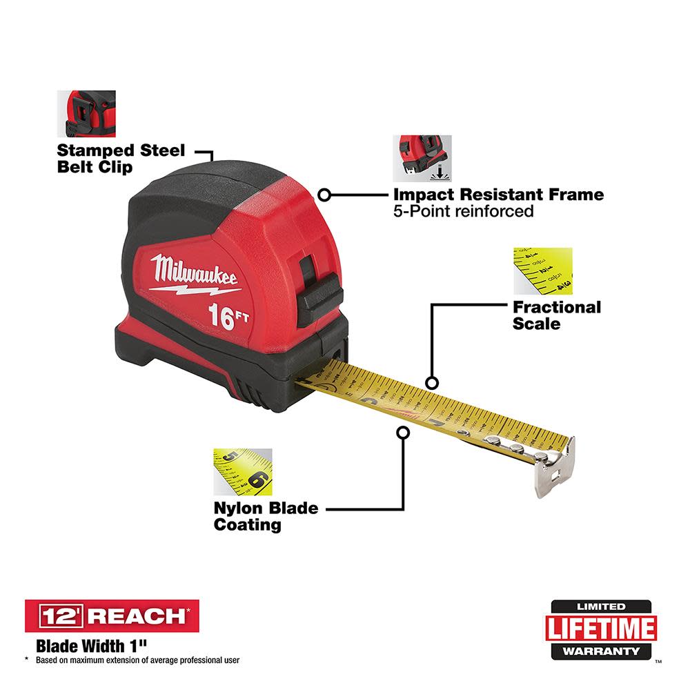 Milwaukee 16 ft. Compact Tape Measure - Ascmtools