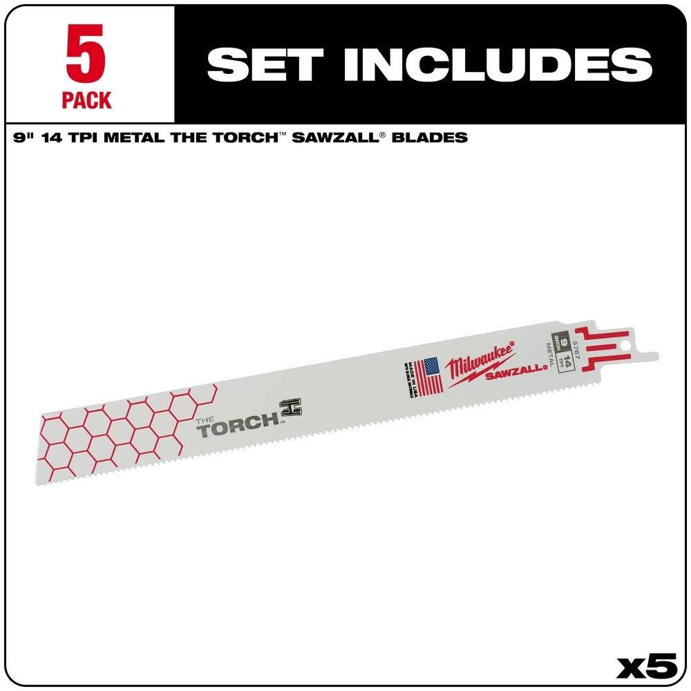Milwaukee 9 in. 14 TPI THE TORCH SAWZALL Blade 5PK - Ascmtools