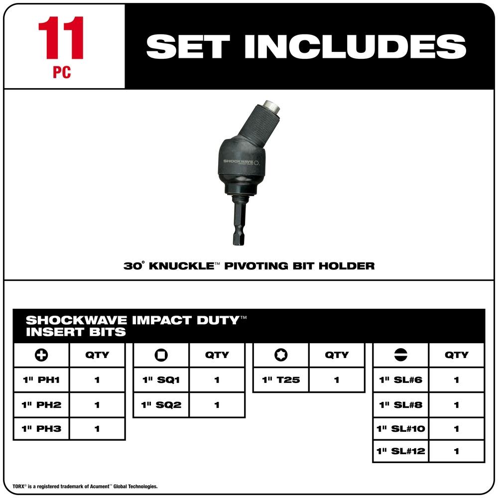 Milwaukee SHOCKWAVE 11-Piece 30 Knuckle Bit Holder - Ascmtools