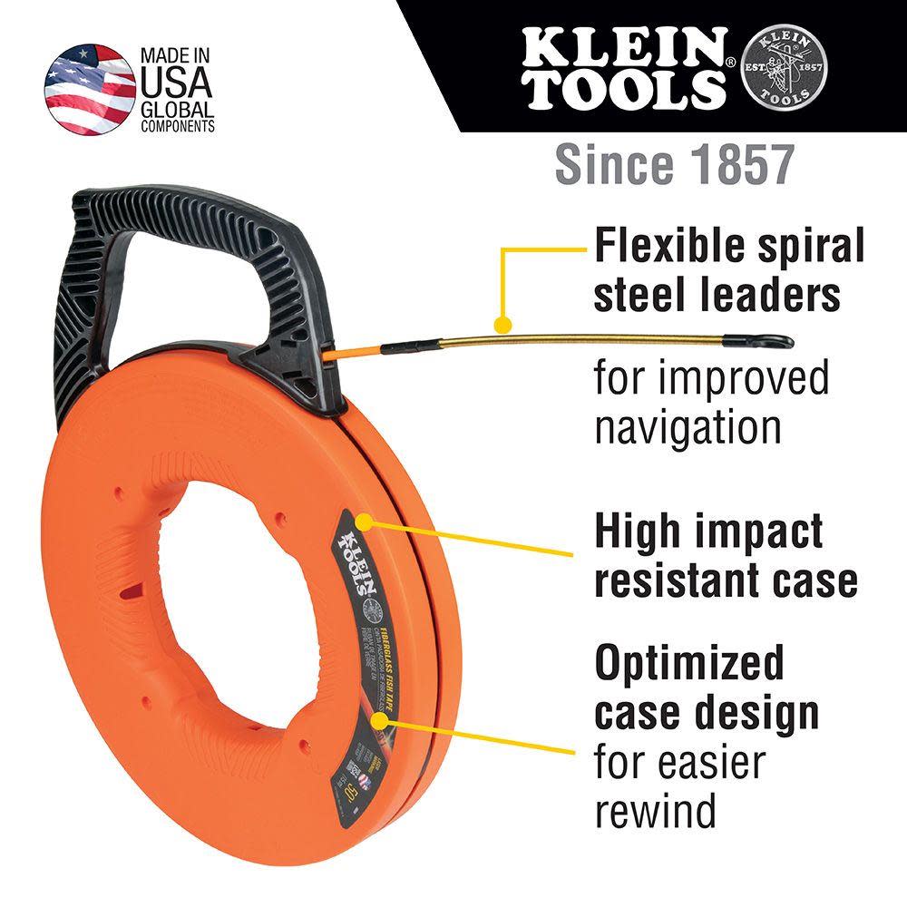 Klein Tools 50′ Fiberglass Fish Tape w/ Leader - Ascmtools