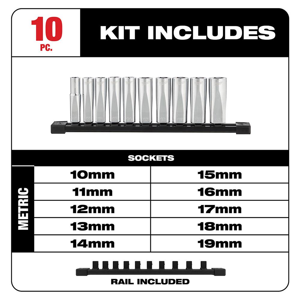 Milwaukee 10pc 3/8 in. Metric Deep Well Sockets with FOUR FLAT Sides - Ascmtools