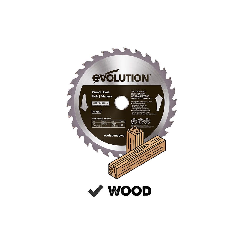 Evolution Power Tools 7″ x 30T Wood Cutting Circular Saw Blade - Ascmtools