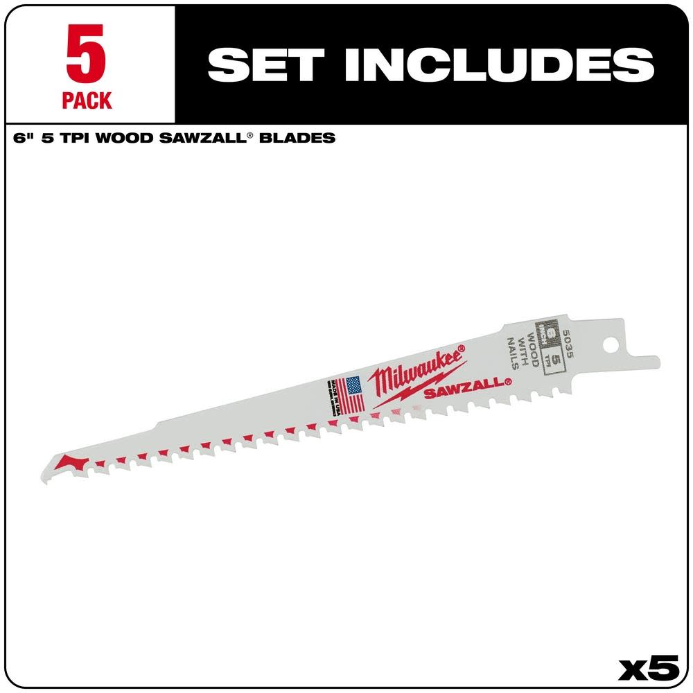Milwaukee 6 in. 5 TPI SAWZALL Blades 5PK - Ascmtools