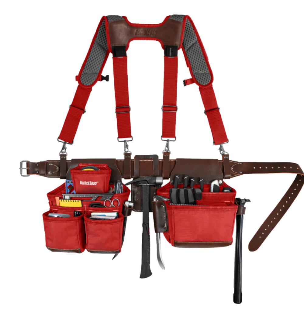 Bucket Boss Leather Hybrid Toolbelt with Suspenders Red - Ascmtools