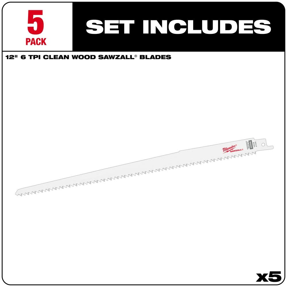 Milwaukee 12″x3/4″x.050″ 6T 1/2″ Unv Shank Bi-Metal Fleam Ground Sawzall Blade 5Ct - Ascmtools