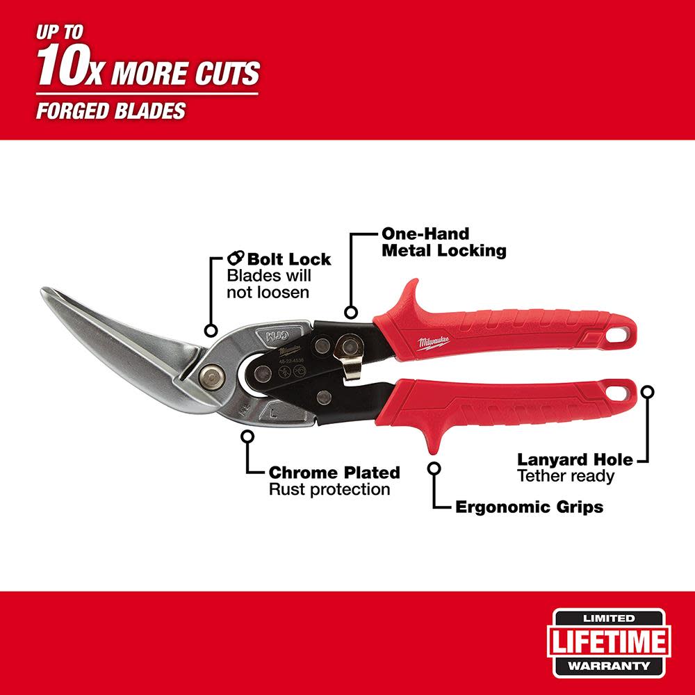 Milwaukee Long Cut Offset Left Aviation Snips - Ascmtools