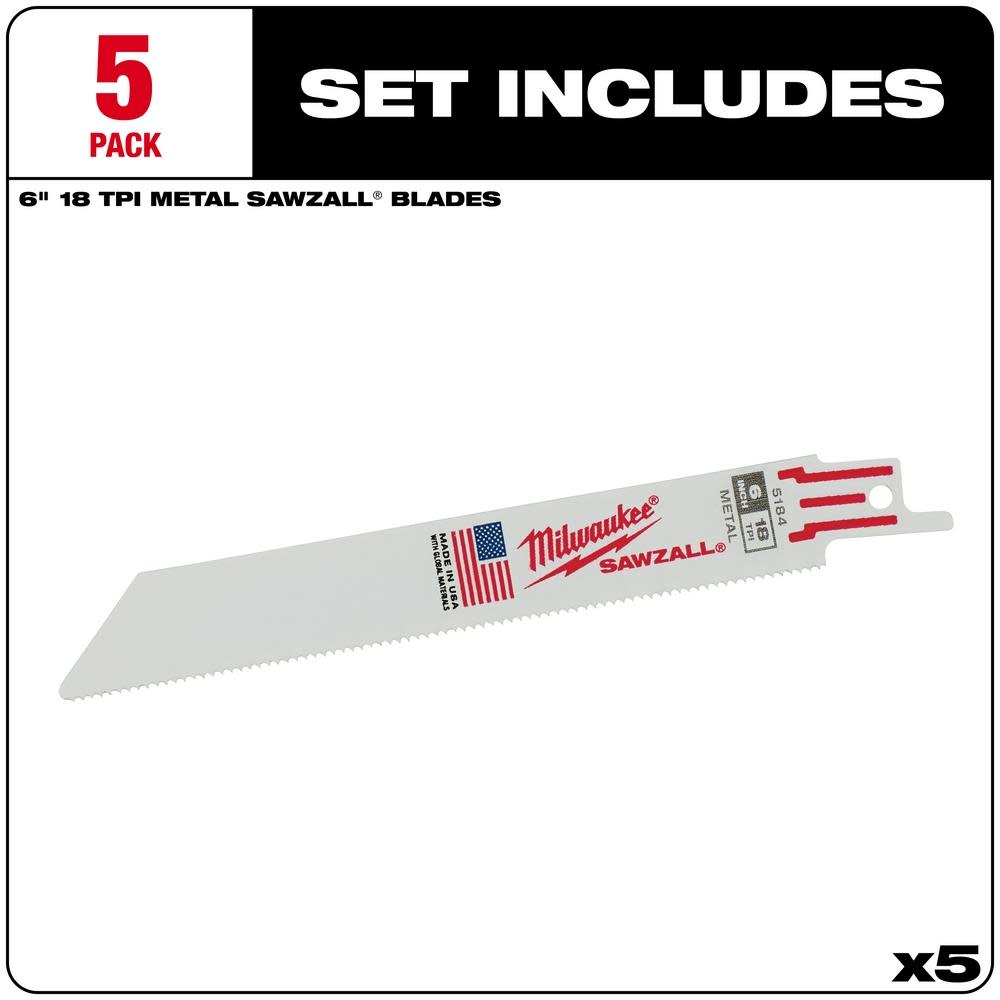 Milwaukee 6 in. 18TPI SAWZALL Blade 5PK - Ascmtools