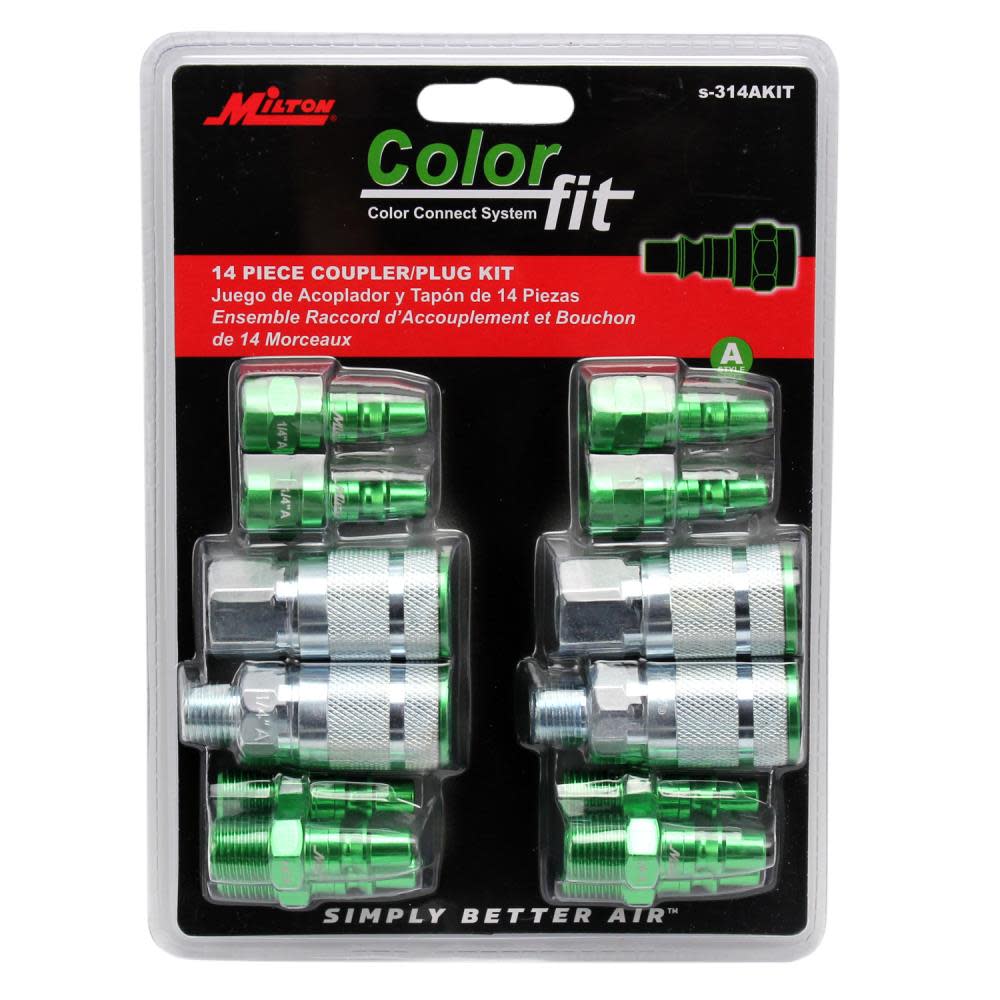 Milton ColorFit S-314AKIT Coupler & Plug Kit – (A-Style Green) – 1/4″ NPT (14-Piece) - Ascmtools