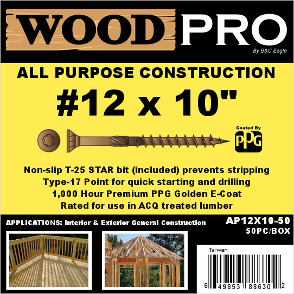 Woodpro (50) #12 x 12 In. All Purpose Wood Screws - Ascmtools