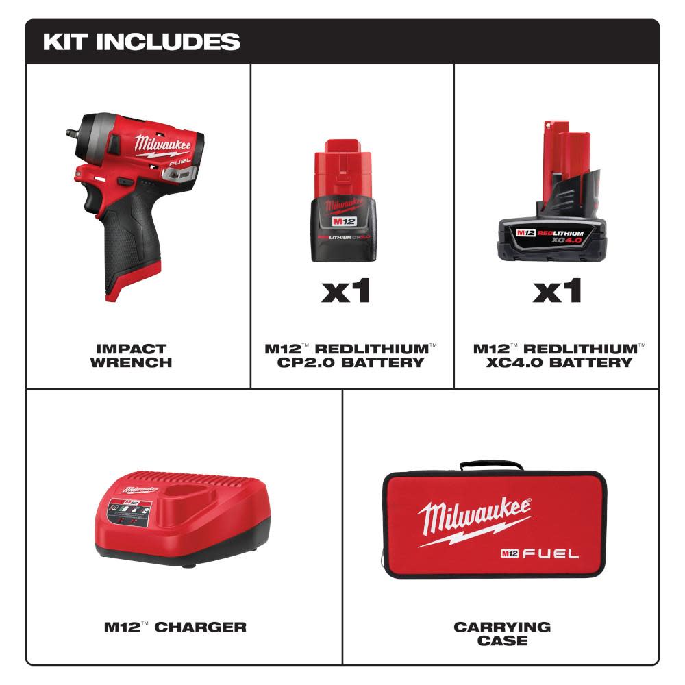 Milwaukee M12 FUEL Stubby 1/4 in. Impact Wrench Kit - Ascmtools