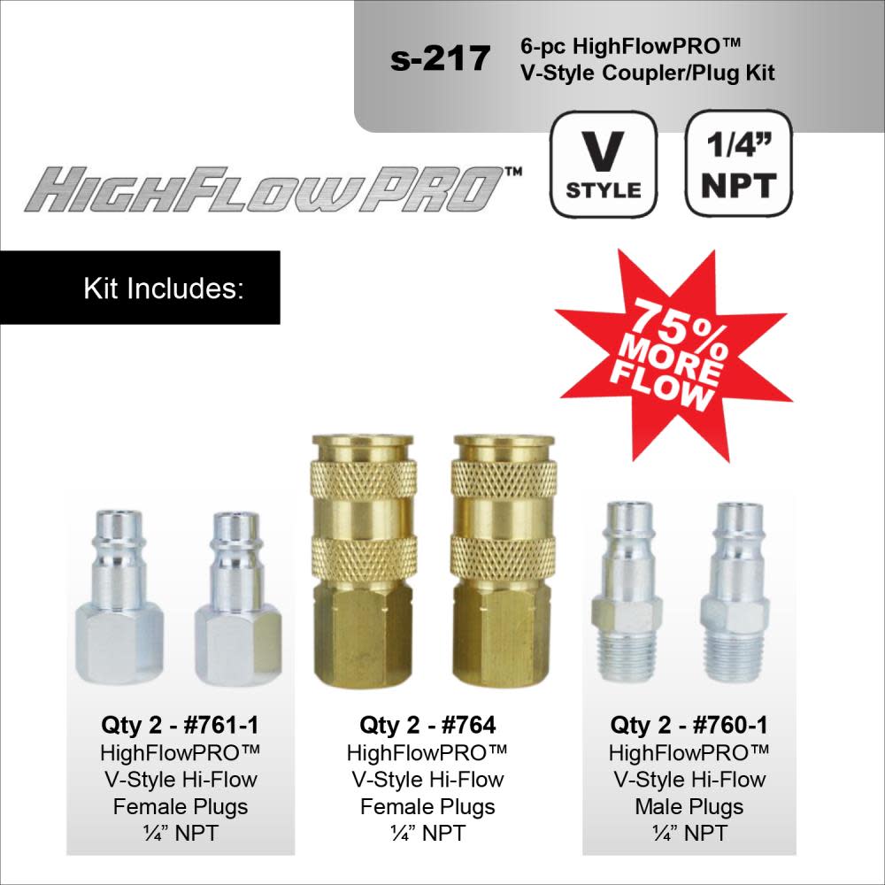 Milton S-217 1/4″ NPT HIGHFLOWPRO V-Style/European Interchange Air Coupler and Plug Fitting Kit (High Volume Low Pressure Application) -6 Piece - Ascmtools