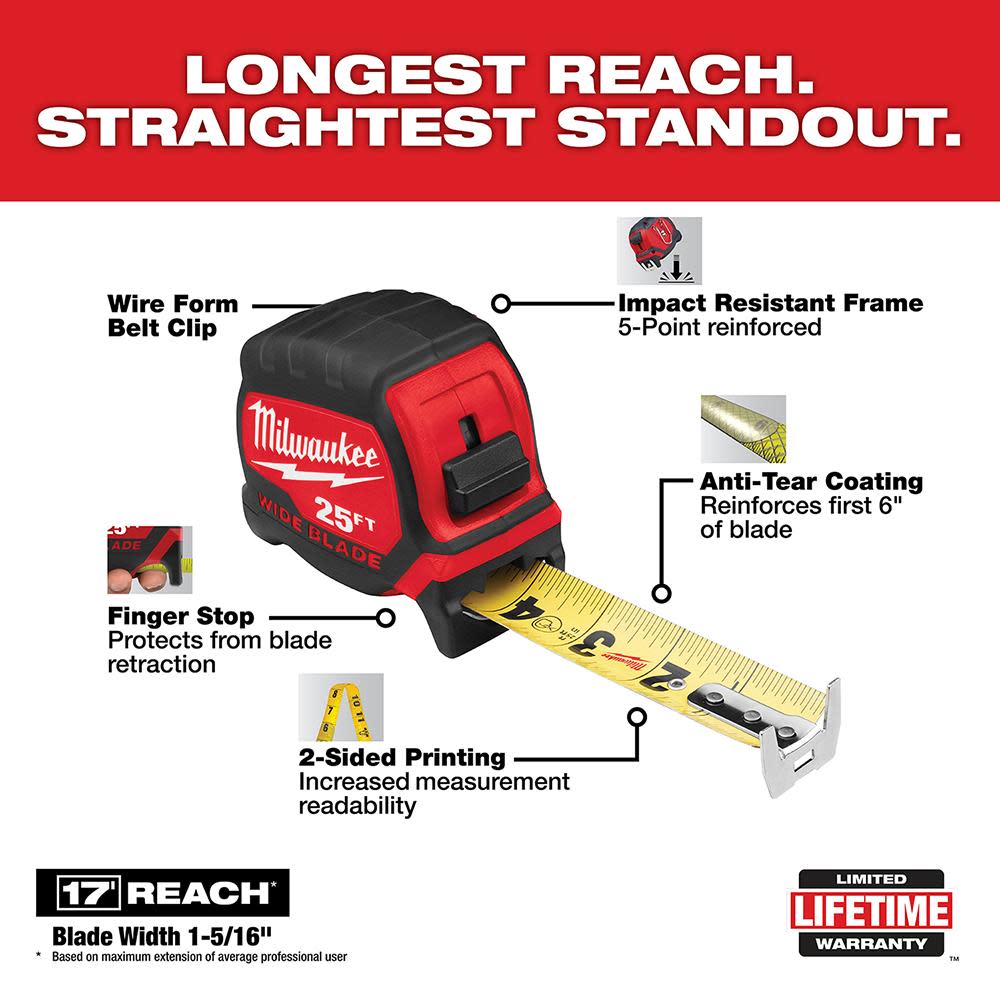 Milwaukee 25Ft Wide Blade Tape Measure - Ascmtools