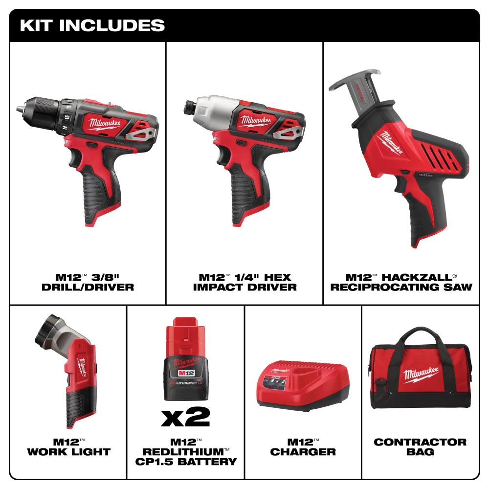 Milwaukee M12 Cordless Lithium-Ion 4 Tool Combo Kit - Ascmtools
