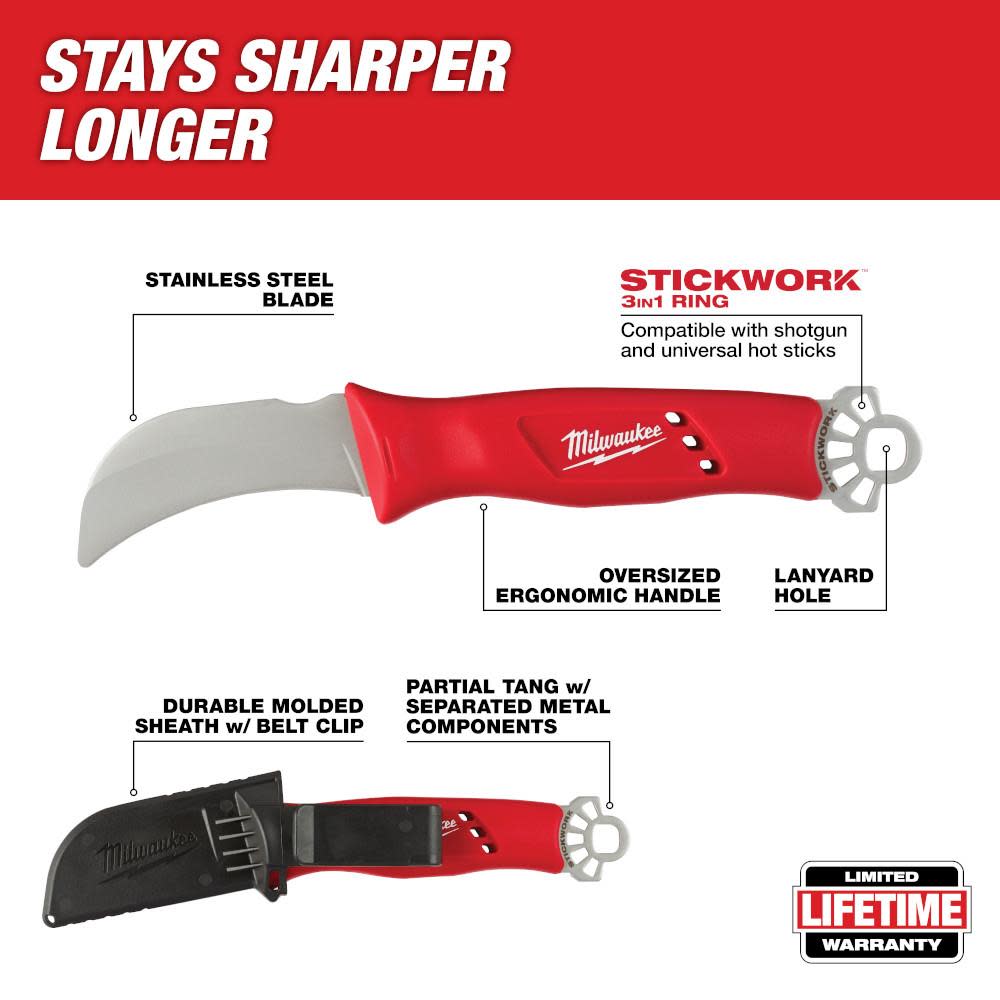 Milwaukee Lineman’s Hawkbill Knife with STICKWORK 3-in-1 Ring - Ascmtools