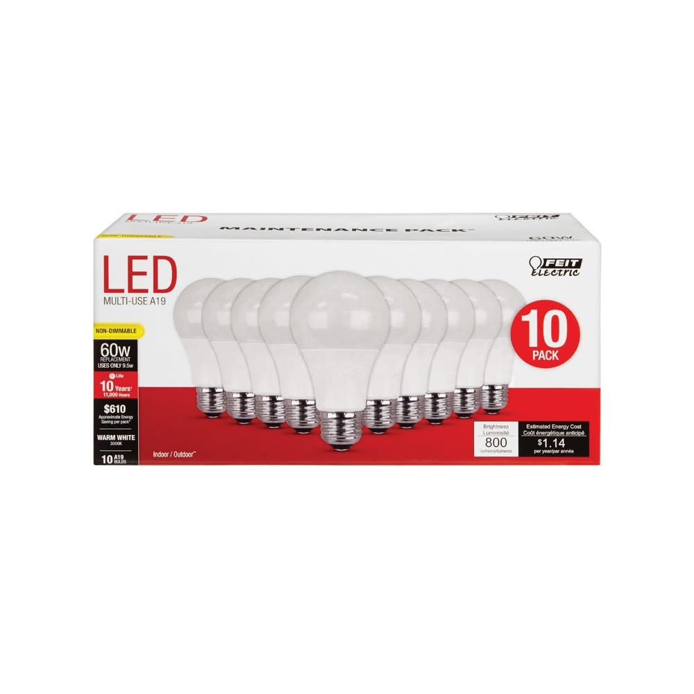 Feit Electric 60W A19 Warm White Non-Dimmable LED Bulb 10pk - Ascmtools