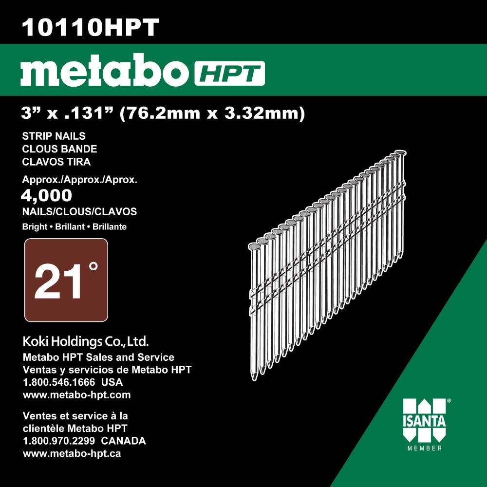 Metabo HPT 3″ x .131 Brite Smooth Full Round Head Basic Plastic Strip Framing Nails 4000 Nails - Ascmtools