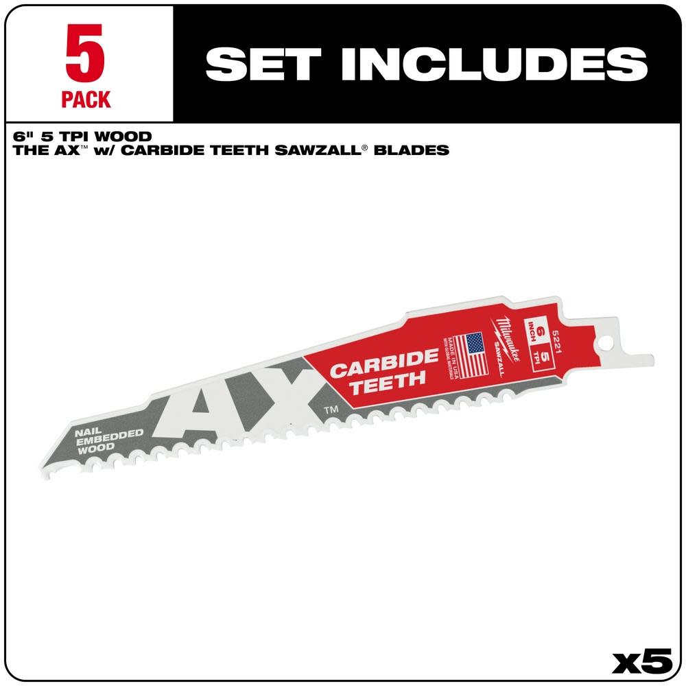 Milwaukee The Ax with Carbide Teeth SAWZALL Blade 6 in. 5T 5PK - Ascmtools