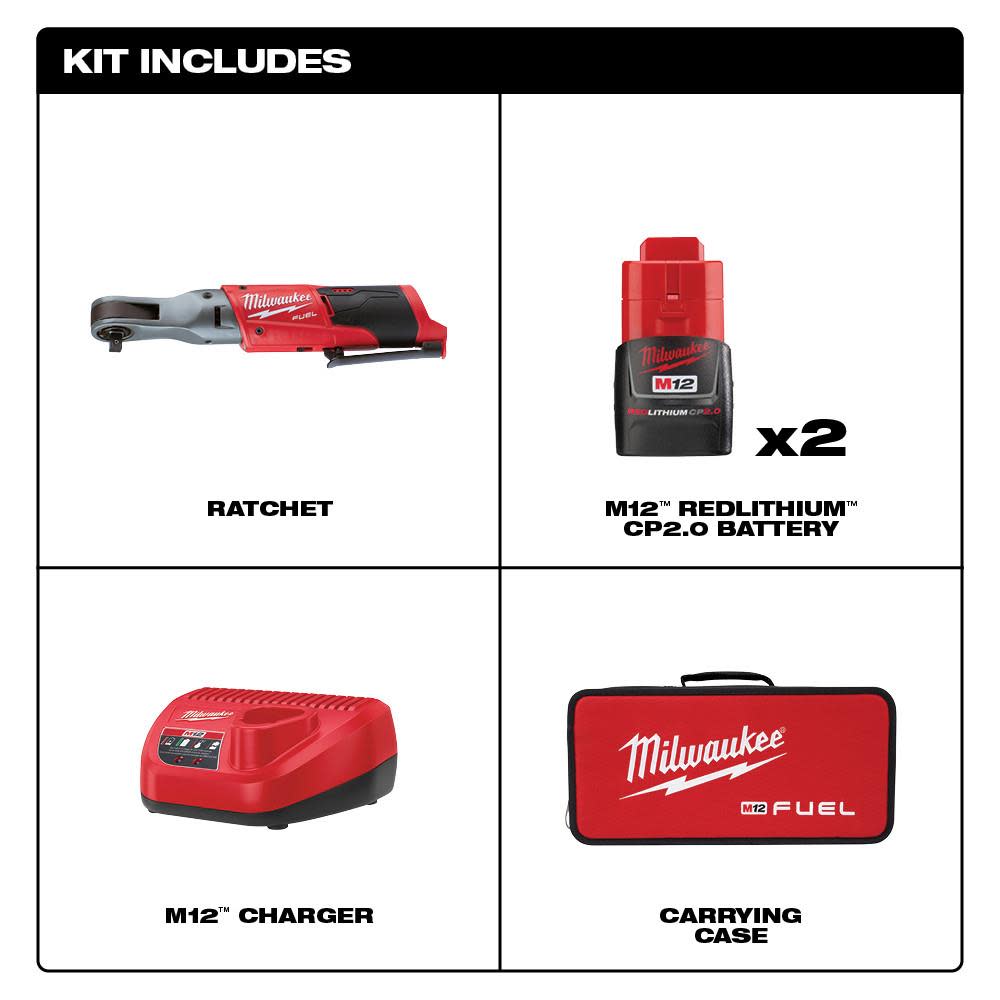 Milwaukee M12 FUEL  Ratchet 2 Battery Kit - Ascmtools