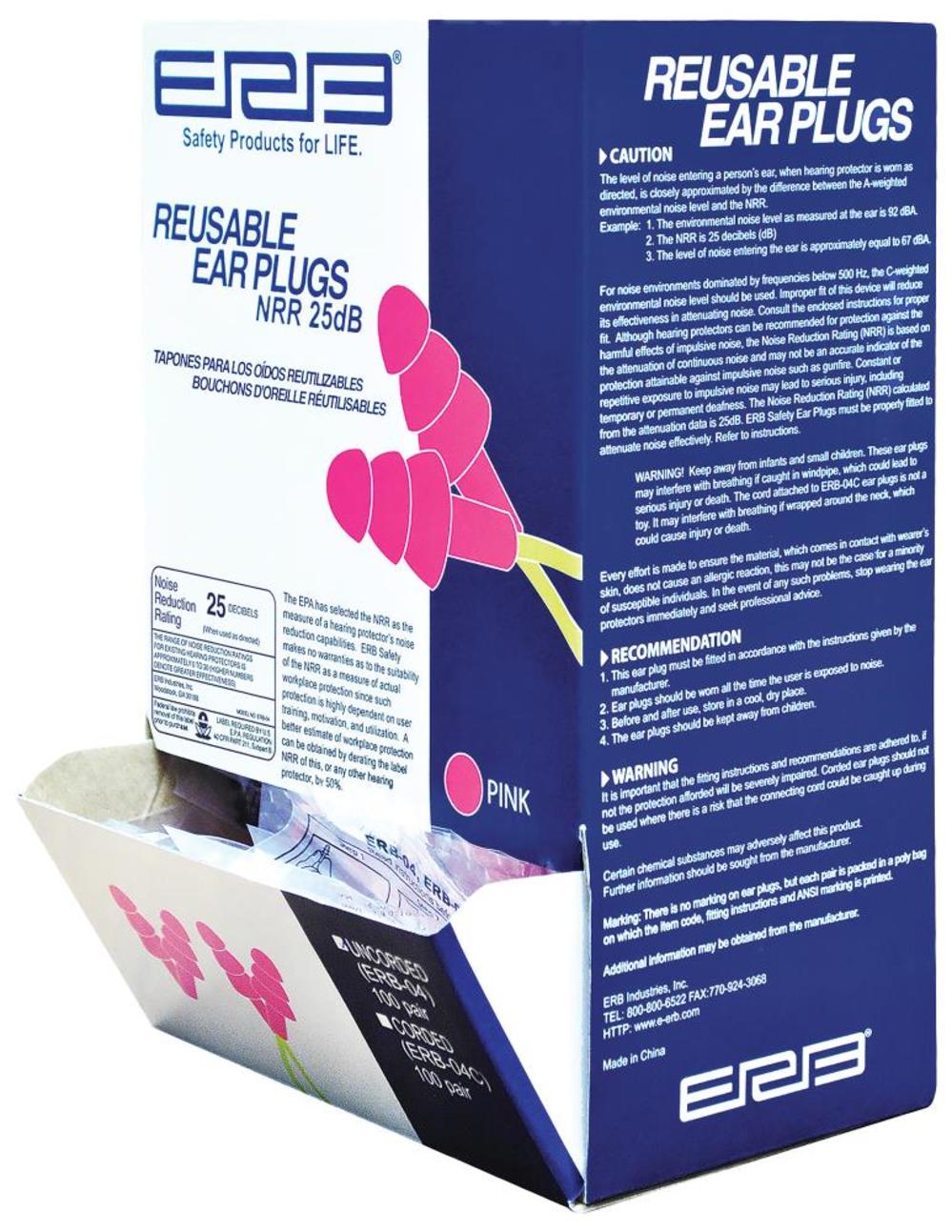 ERB Reusable Corded Earplugs in Hi Viz Pink 100 pair/box ERB-04C - Ascmtools