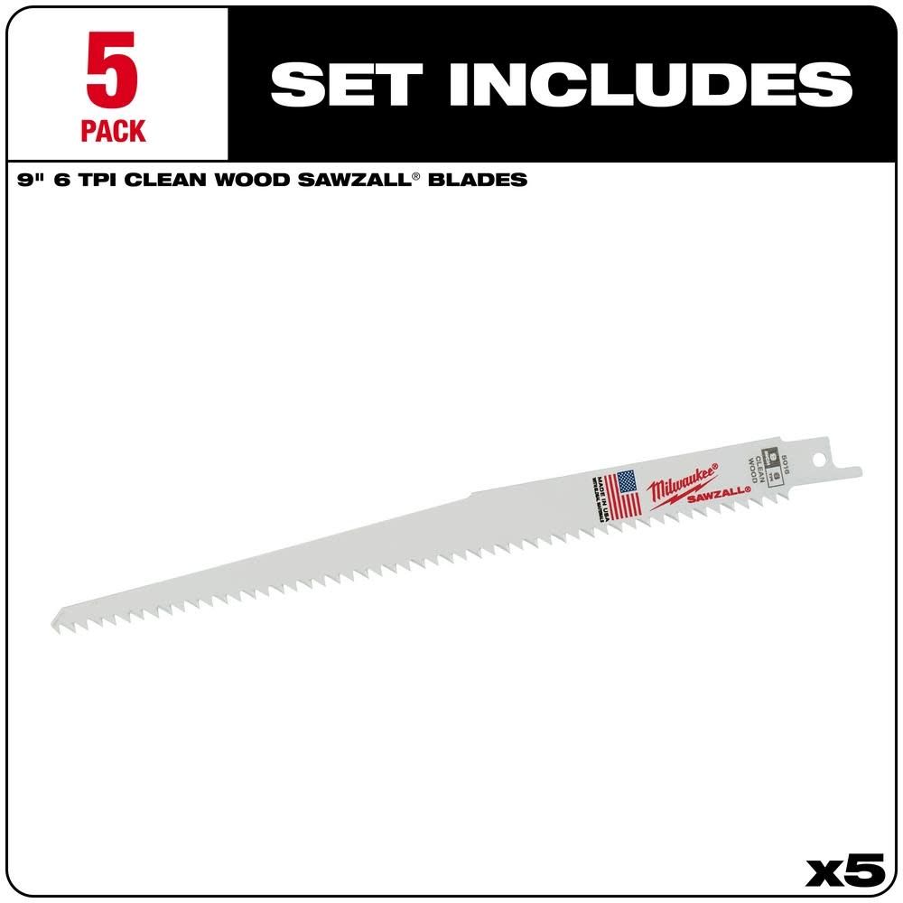Milwaukee 9 in. 6 TPI Fleam Ground SAWZALL Blades 5PK - Ascmtools