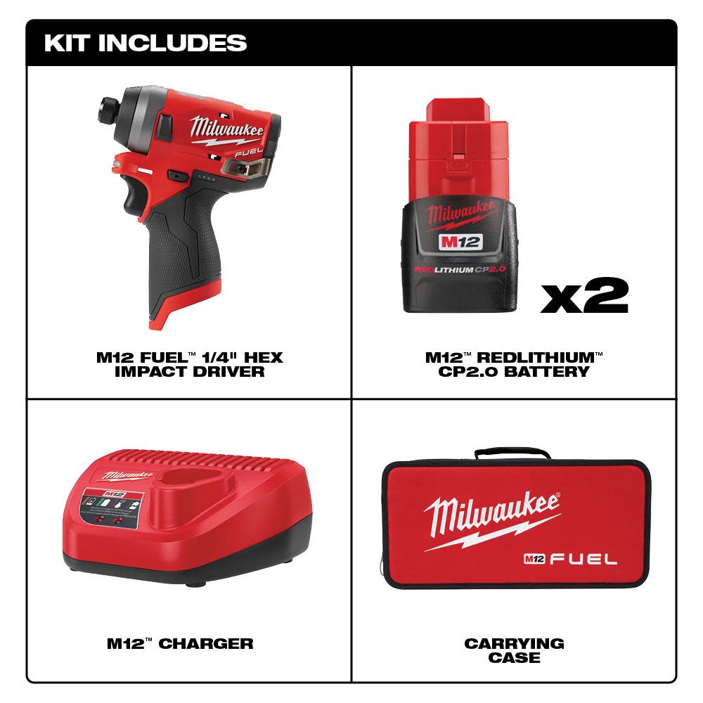 Milwaukee M12 FUEL 1/4 in. Hex Impact Driver Kit - Ascmtools