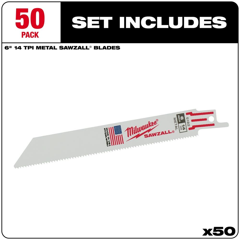 Milwaukee 6 in. 14 TPI Thin Kerf SAWZALL Blades (50 Pack) - Ascmtools