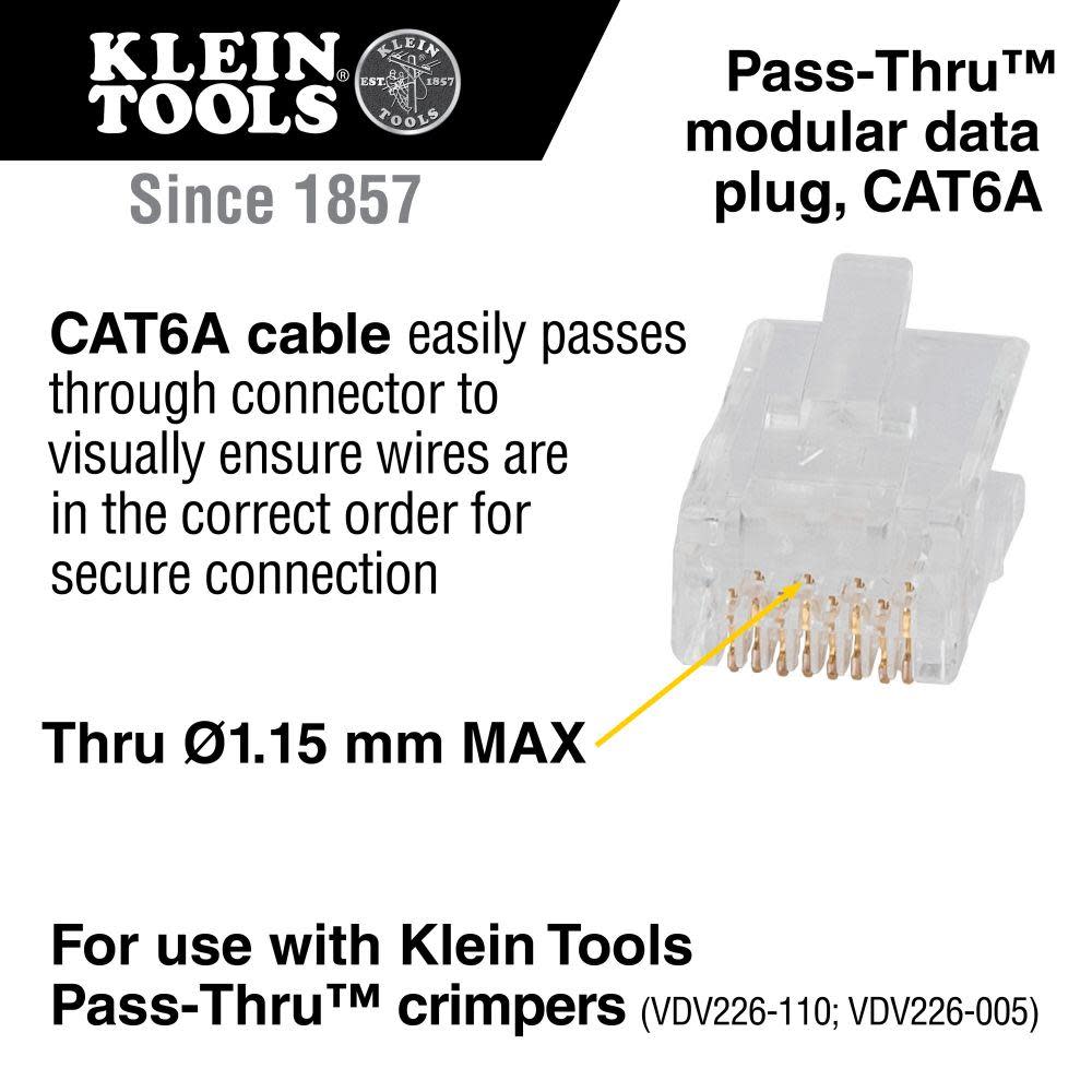 Klein Tools RJ45 CAT6A UTP Pass Thru Plug 50pk - Ascmtools