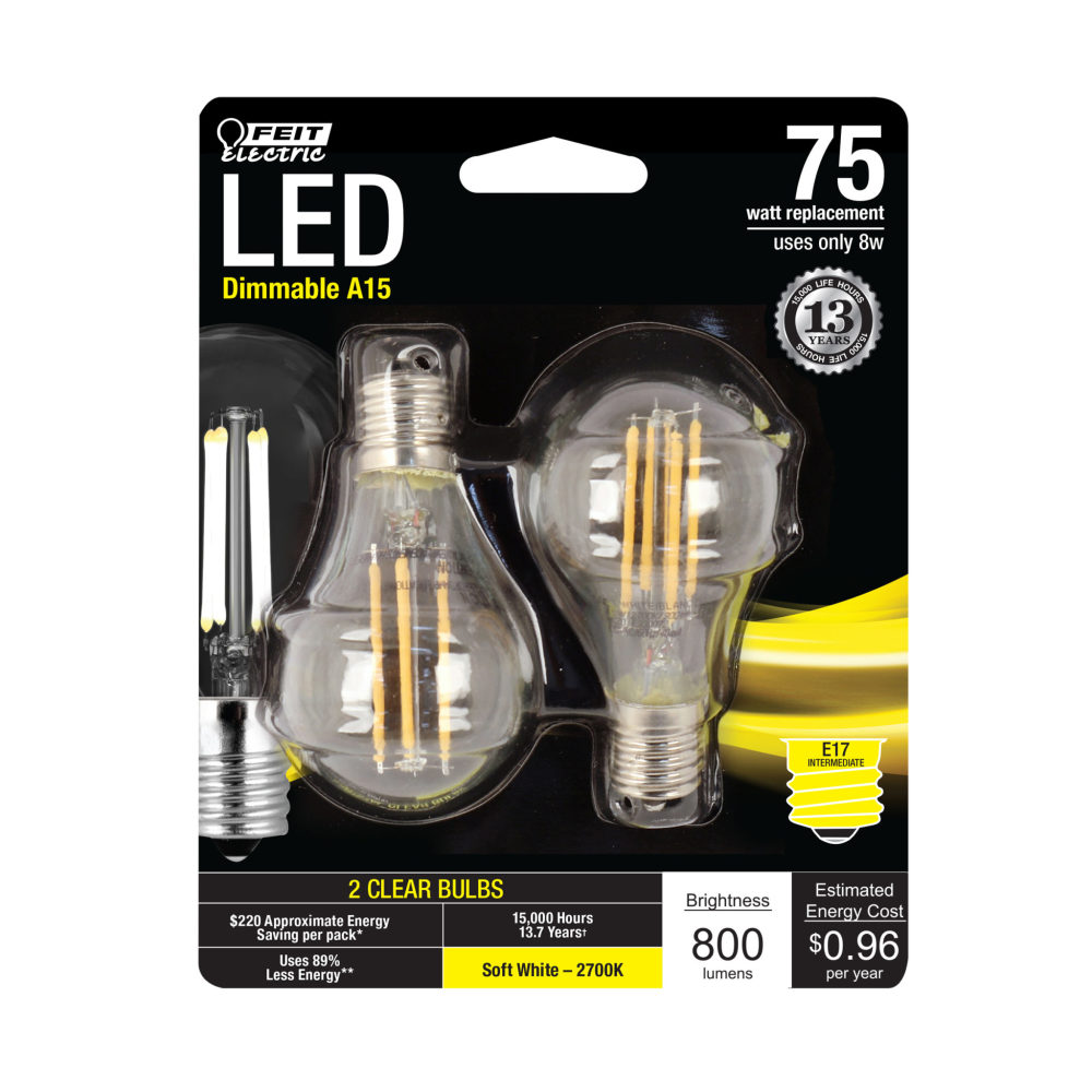 Feit Electric 75W A15 E17 2700K Glass Filament LED Bulb 2pk - Ascmtools