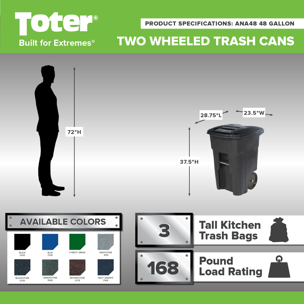 Toter 48 Gallon Trash Can with Smooth Wheels and Lid - Ascmtools