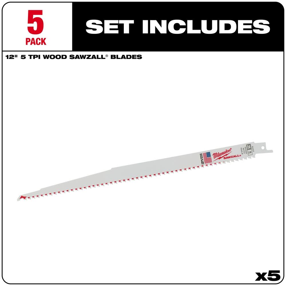 Milwaukee 12 in. 5 TPI SAWZALL Blades 5PK - Ascmtools