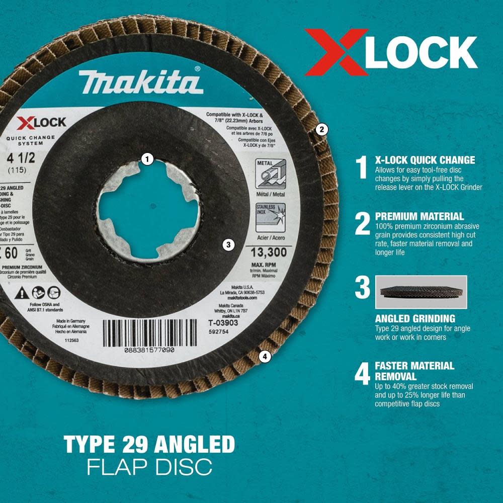 Makita X-LOCK 41/2″ 40 Grit Type 29 Angled Grinding and Polishing Flap Disc for X-LOCK and All 7/8″ Arbor Grinders - Ascmtools