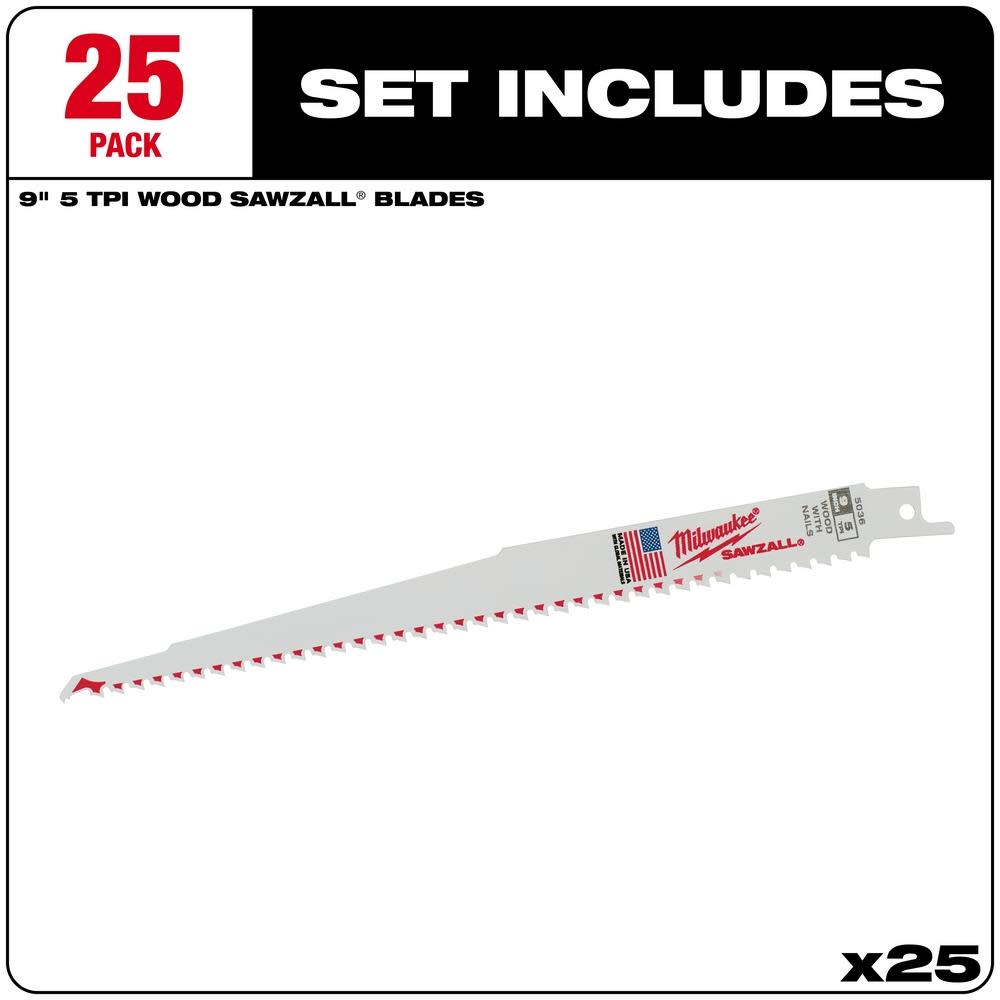 Milwaukee 9 in. 5 TPI SAWZALL Blades 25PK - Ascmtools