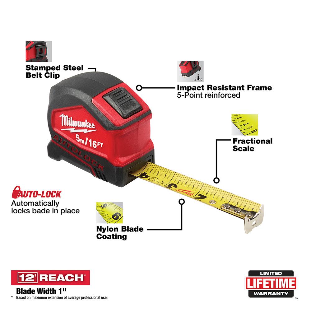 Milwaukee 5m/16′ Compact Auto Lock Tape Measure - Ascmtools