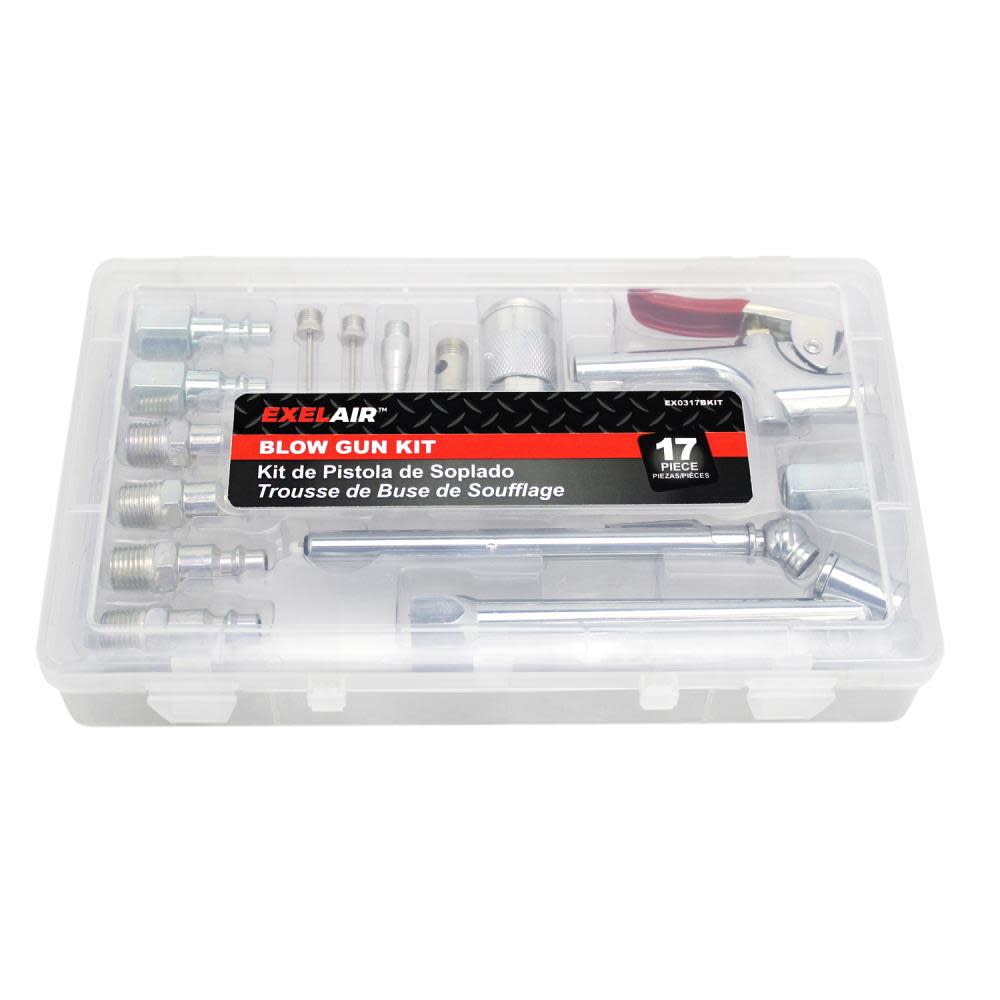 Milton EXELAIR EX0317BKIT – Blow Gun and Air Accessory Kit – Safety adapter Nozzle Tips Inflator Needles Dual Head Chuck Pencil Gauge M-Style Couplers/Plugs and Hex Nipple/Couplings – 150 PSI (17-Piece) - Ascmtools